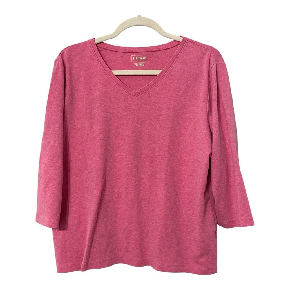 L.L. Bean Women's V-Neck Basic Heathered Pink Stretch Jersey Tee 3/4 Sleeve XL